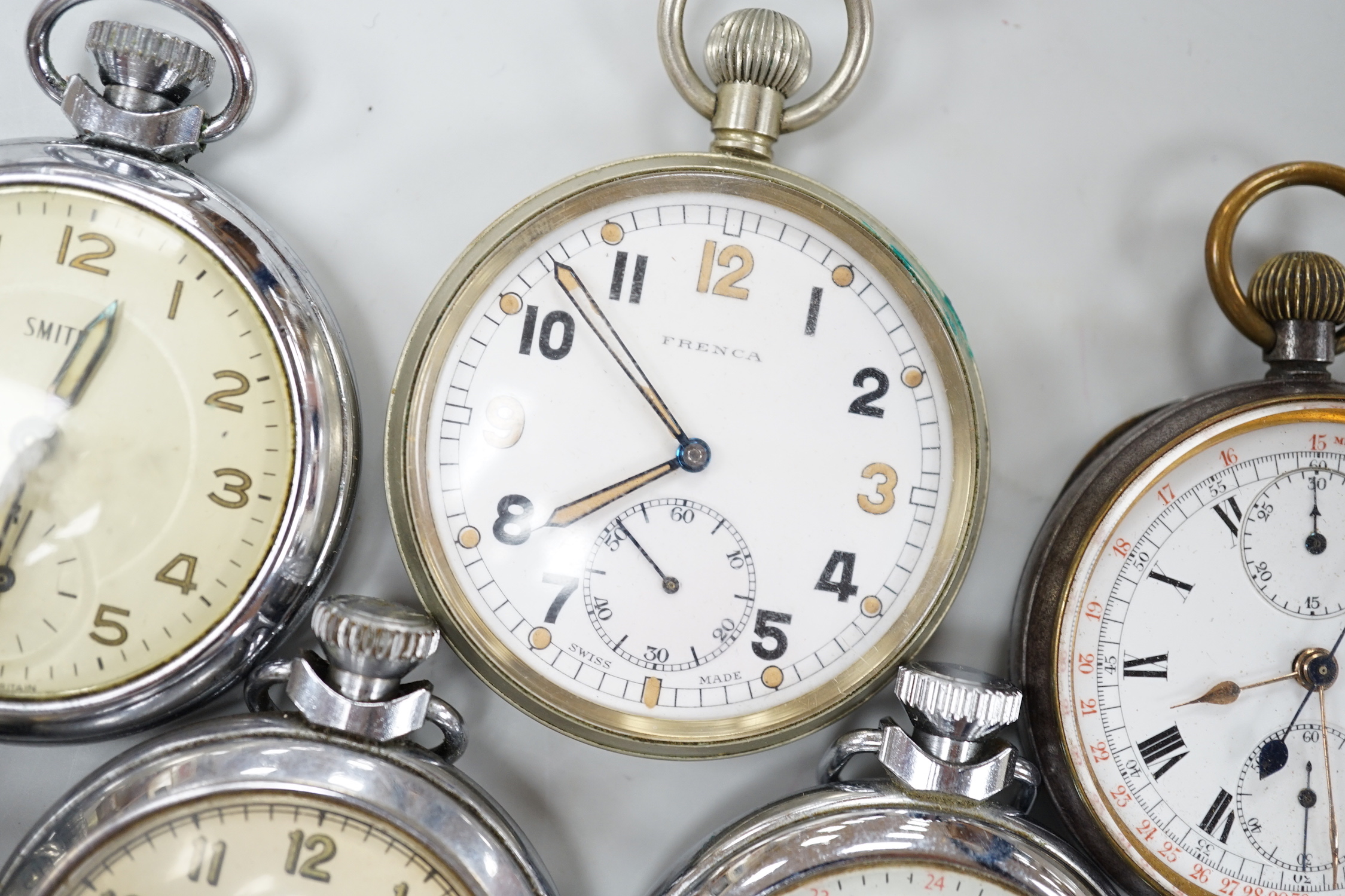 Ten assorted base metal pocket watches including Frenca, Smiths and gun metal.